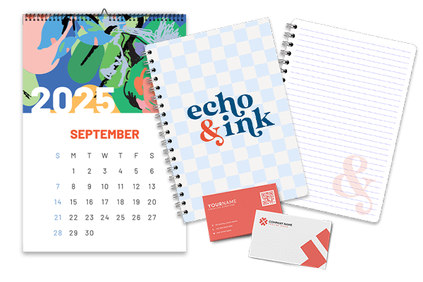 Examples of custom printed notebook, calendar, and business cards for echo & ink printed by Printing.com