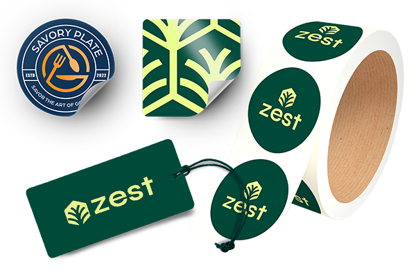 Image of custom labels including adhesive labels and hang tags with a green design and example logo for Zest to show what can be printed by Printing.com