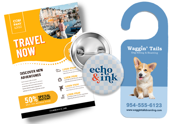 Image of a business flyer for a travel agent, custom printed pins that say