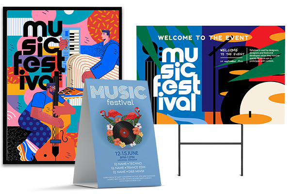 Example of a poster, a banner, and a table tent for a Music Festival, printed by Printing.com