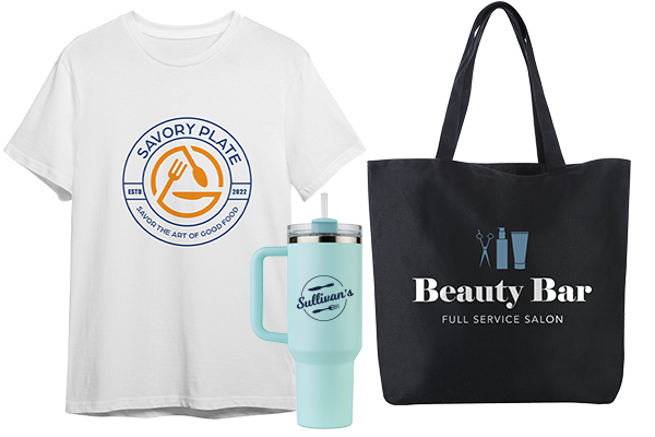 Example of custom printed tshirts, waterbottles, and totes with different logos to show what can be printed by Printing.com